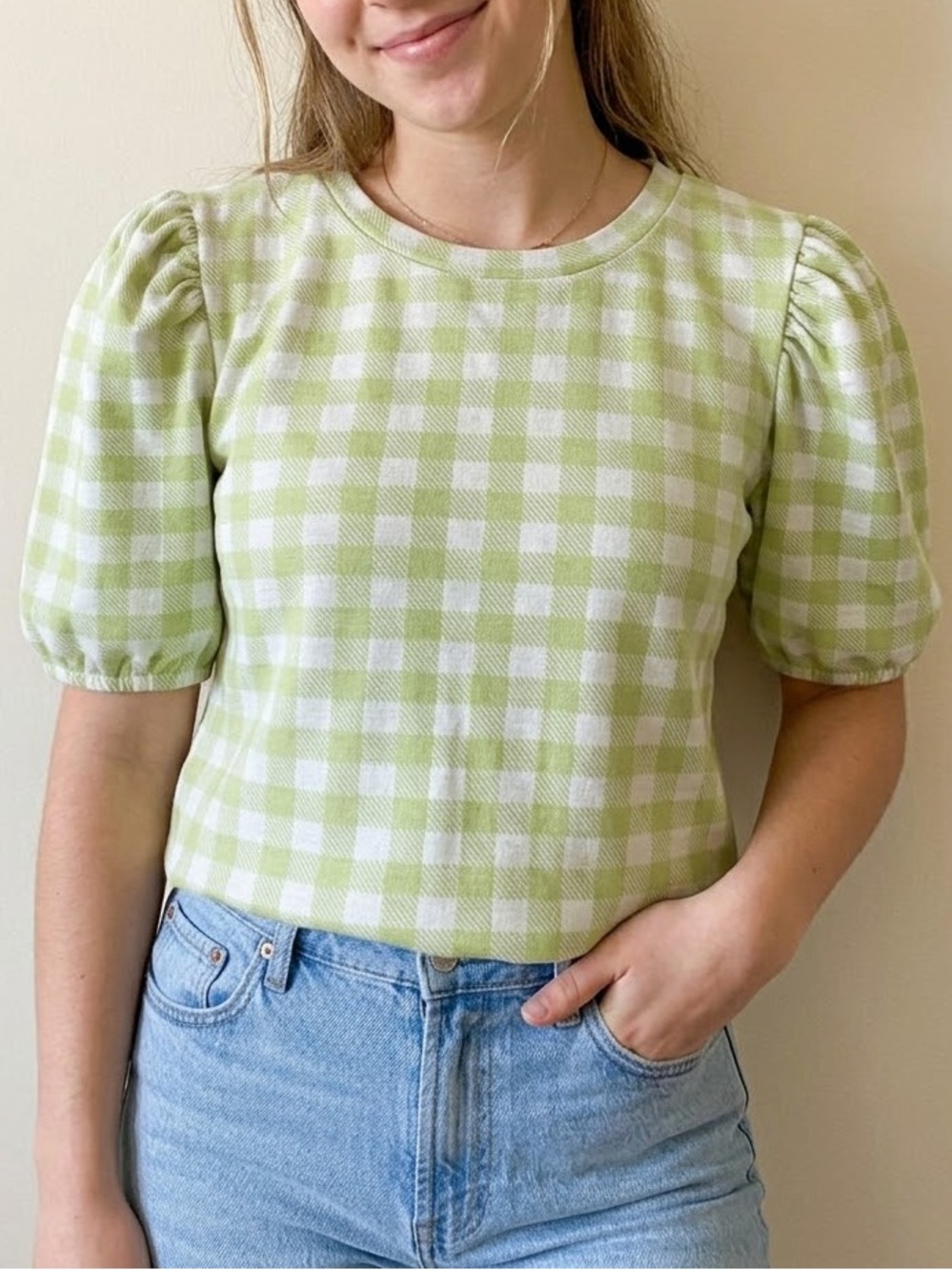 English Factory Lime Green and White Gingham Puff Sleeve Tee